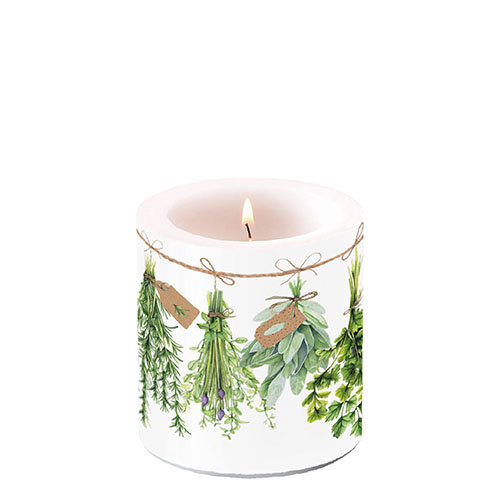 Kerze klein – Candle small – Format: Ø 7,5 cm x 9 cm – Brenndauer: 35 Std. - 1 Kerze pro Packung - Fresh Herbs – frische Kräuter