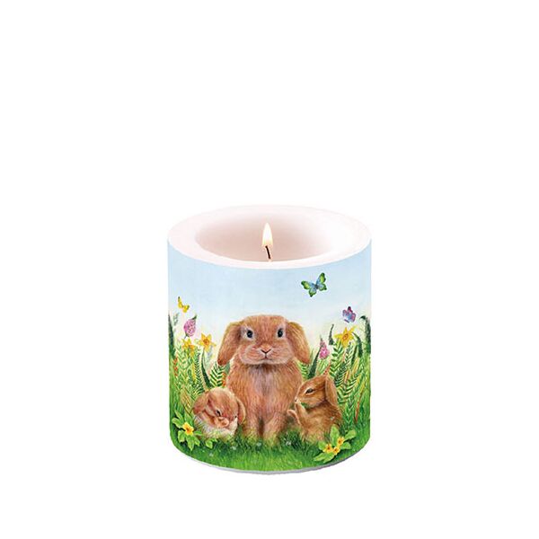 A Ostern Kerze klein Candle small Format: Ø 7,5 cm x 9 cm 1 Kerze pro Packung Rabbit Family Hasenfamilie