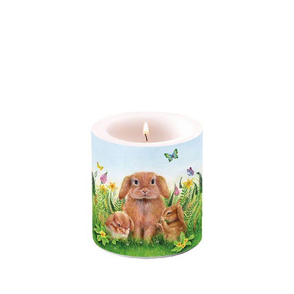 A Ostern Kerze klein Candle small Format: Ø 7,5 cm x 9 cm 1 Kerze pro Packung Rabbit Family Hasenfamilie