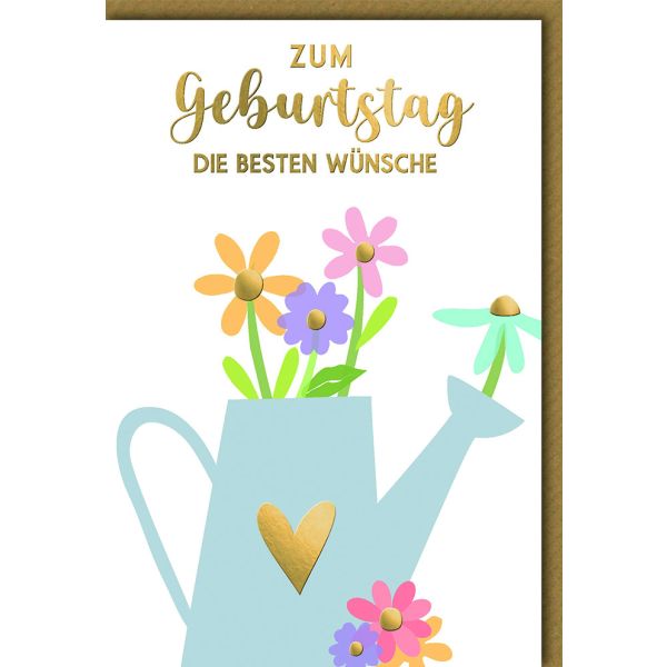 Geburtstag Glückwunschkarte mit Umschlag Blumen in Gießkanne, Goldherz