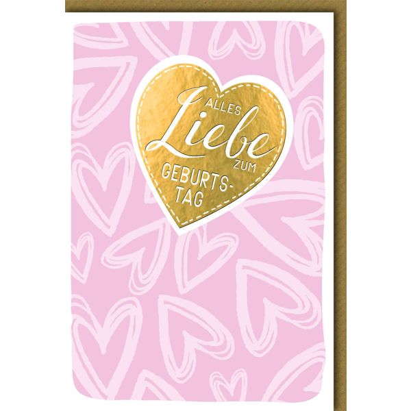 Geburtstag Glückwunschkarte mit Umschlag goldenes Herz, rosa Grund