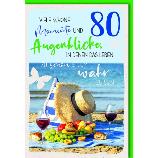 80. Geburtstag Glückwunschkarte mit Umschlag Picknick am Meer