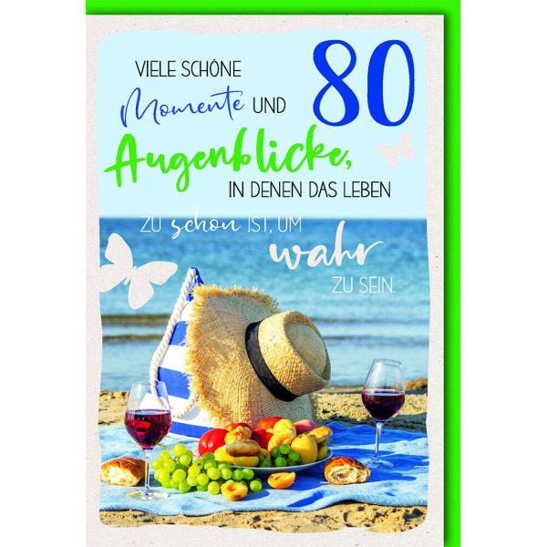 80. Geburtstag Glückwunschkarte mit Umschlag Picknick am Meer