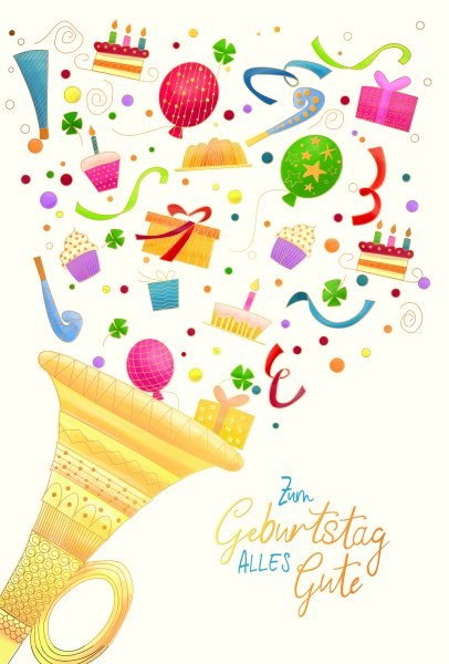 A - Geburtstag - Glückwunschkarte im Format 11,5 x 17 cm mit Umschlag - Trompete, Geschenke, Kuchen - mit Goldfolie