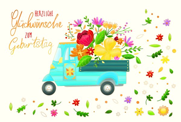 Geburtstag Skorpions Art - Glückwunschkarte im Format 11,5 x 17 cm mit Umschlag - Lieferwagen mit Blumen - mit Goldfolie