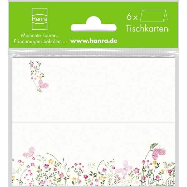 A - Tischkarte - 6er-Set - 6 Stück im Topper - cremefarben mit Blumenrand – Tischkarten im Format: 9 x 11,5 cm
