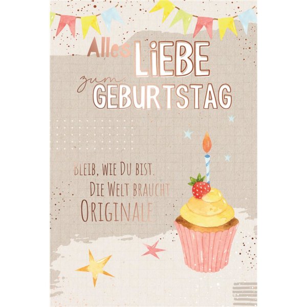Geburtstag - Glückwunschkarte im Format 11,5 x 17 cm mit Umschlag - Cupcake mit brennender Kerze - mit rosefarbener Metallicfolie