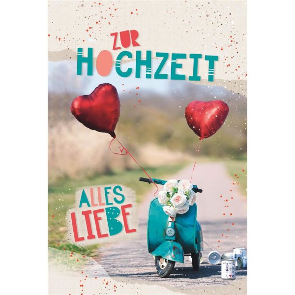 Hochzeit - Glückwunschkarte im Format 11,5 x 17 cm mit Umschlag - Motorroller mit Blumen und Herzluftballons