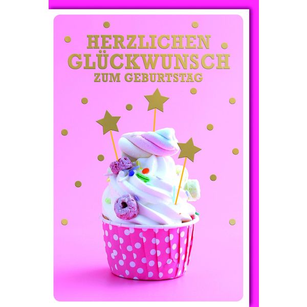 Geburtstag Glückwunschkarte mit Umschlag Cupcake mit goldenen Sternen