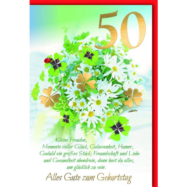 50. Geburtstag Glückwunschkarte mit Umschlag goldenes Kleeblatt