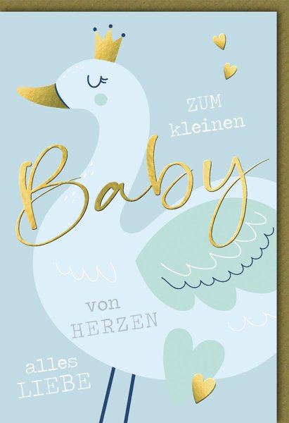Geburt – Baby – Freudiges Ereignis - Karte mit Umschlag - Junge, Storch mit Krone