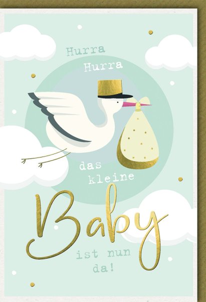 A - Geburt – Baby – Freudiges Ereignis - Karte mit Umschlag - Storch fliegt mit Sack