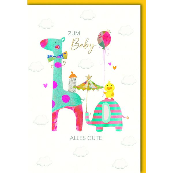 Geburt Baby Freudiges Ereignis Karte mit Umschlag Zum Baby, Giraffe und Elefant