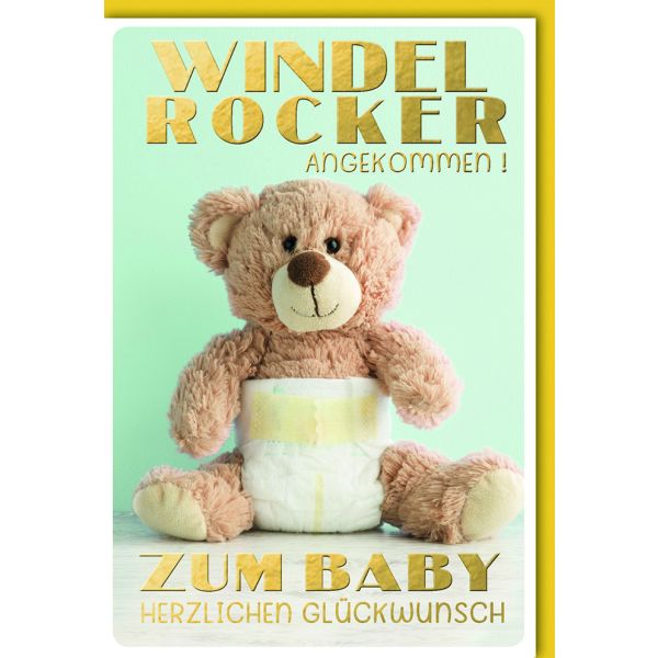 Geburt Baby Freudiges Ereignis Karte mit Umschlag Windelrocker mit Teddy