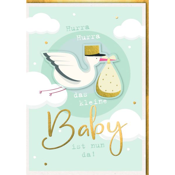Geburt Baby Freudiges Ereignis A4 Glückwunschkarte mit Umschlag Storch fliegt mit Sack
