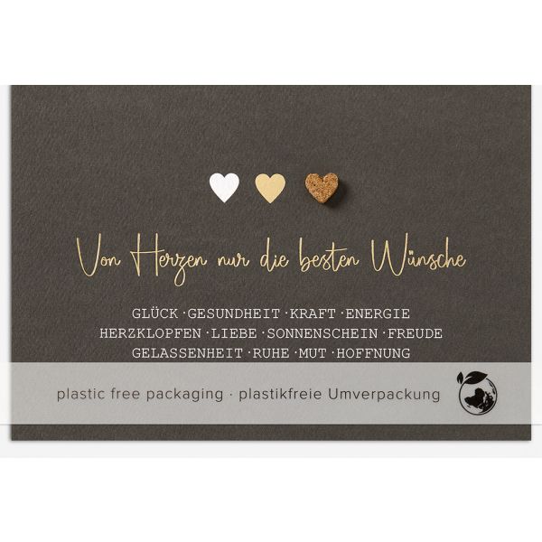Allgemeine Wünsche - Moments Collection - Karte mit Briefumschlag und Kork-Applikation - plastikfrei verpackt - Herzen - Anlass_Spruch: Von Herzen nur die besten Wünsche