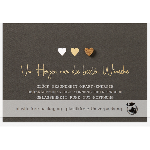 Allgemeine Wünsche - Moments Collection - Karte mit Briefumschlag und Kork-Applikation - plastikfrei verpackt - Herzen - Anlass_Spruch: Von Herzen nur die besten Wünsche
