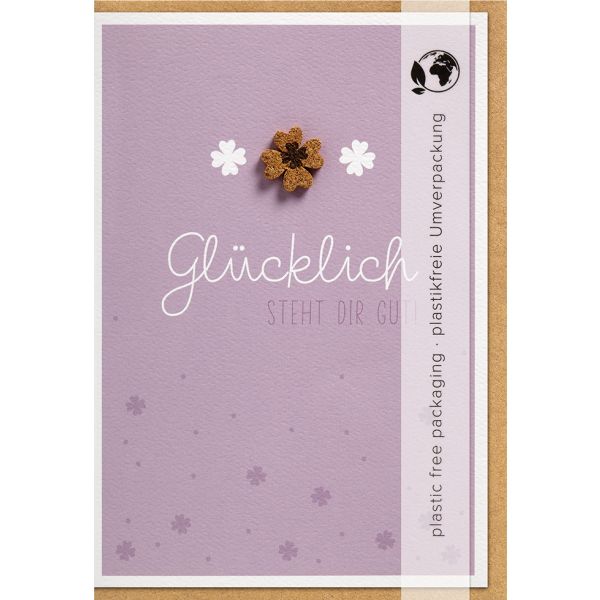 Allgemeine Wünsche - Moments Collection - Karte mit Briefumschlag und Kork-Applikation - plastikfrei verpackt - Kleeblatt - Anlass_Spruch: Glücklich STEHT DIR GUT
