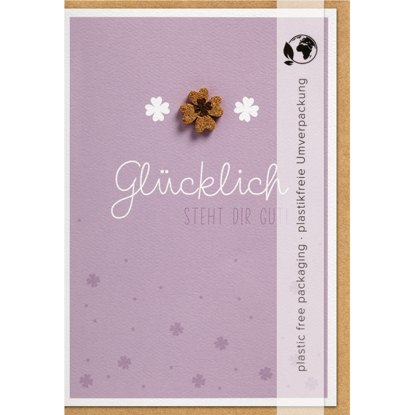 Allgemeine Wünsche - Moments Collection - Karte mit Briefumschlag und Kork-Applikation - plastikfrei verpackt - Kleeblatt - Anlass_Spruch: Glücklich STEHT DIR GUT