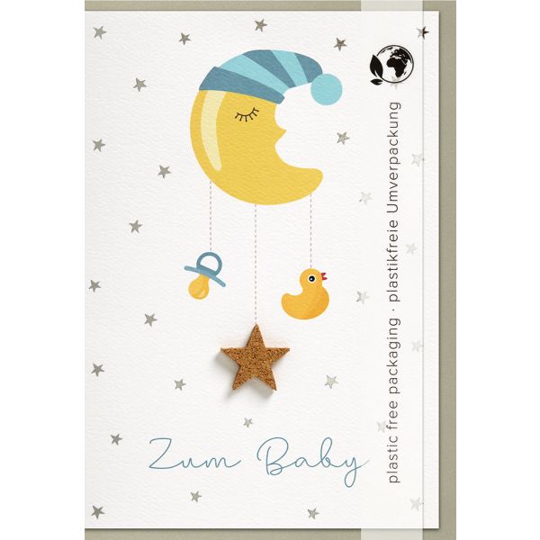 Geburt - Freudiges Ereignis - Moments Collection - Karte mit Briefumschlag und Kork-Applikation - plastikfrei verpackt - Mond Mobile/Stern - Anlass_Spruch: Zum Baby