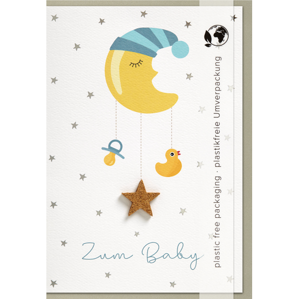 Geburt - Freudiges Ereignis - Moments Collection - Karte mit Briefumschlag und Kork-Applikation - plastikfrei verpackt - Mond Mobile/Stern - Anlass_Spruch: Zum Baby