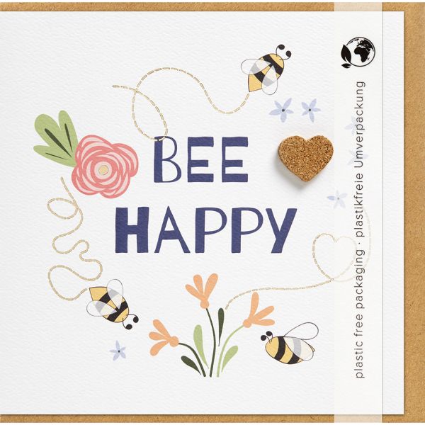Allgemeine Wünsche - Moments Collection - Karte mit Briefumschlag und Kork Applikation - plastikfrei verpackt-  Herz - Anlass_Spruch: BEE HAPPY