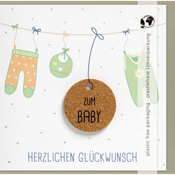 Geburt - Freudiges Ereignis - Moments Collection - Karte mit Briefumschlag und Kork Applikation - plastikfrei verpackt- Schrift - Anlass_Spruch: ZUM BABY- HERZLICHEN GLÜCKWUNSCH