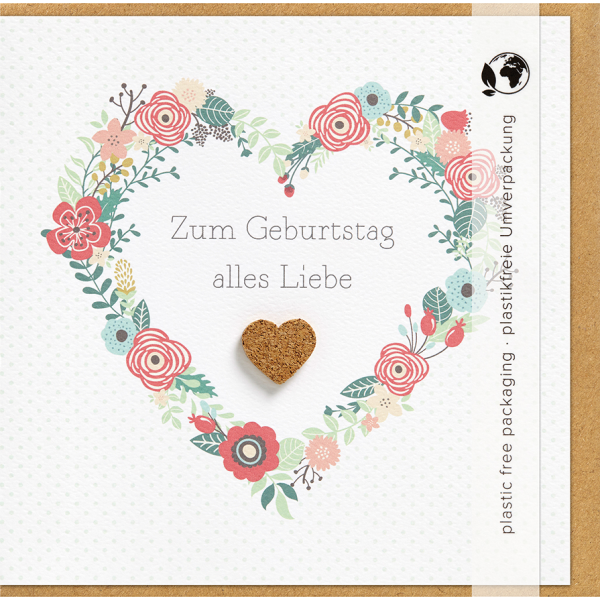 Geburtstag - Moments Collection - Karte mit Briefumschlag und Kork Applikation - plastikfrei verpackt-  Herz - Anlass_Spruch: Zum Geburtstag alles Liebe