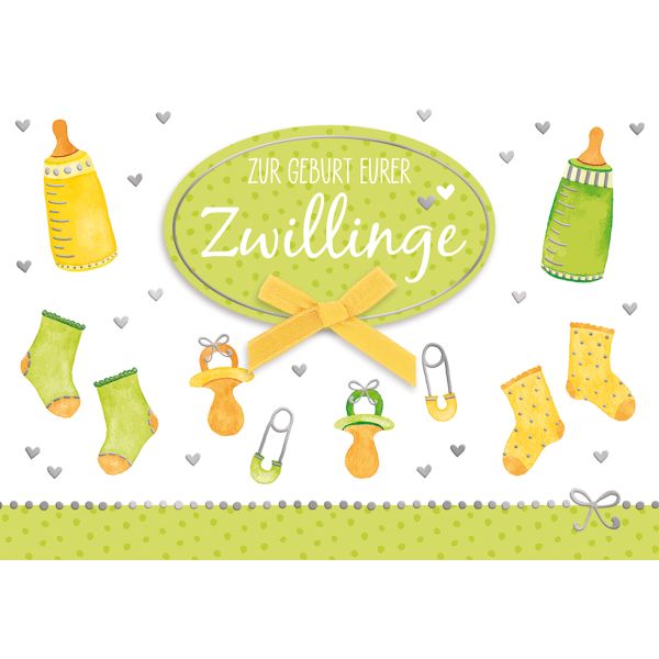 Geburt Zwillinge Babys Freudiges Ereignis Glückwunschkarte mit Umschlag