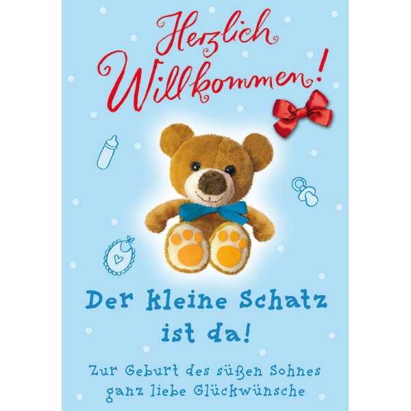 Geburt Baby Freudiges Ereignis Glückwunschkarte mit Umschlag Herzlich Willkommen Der kleine Schatz ist da blau Teddybär