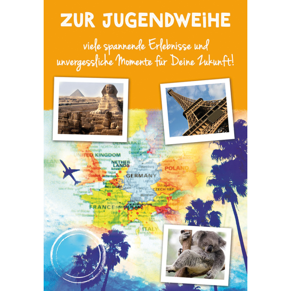 Grußkarte mit Umschlag - Format: 11,5 x 17 cm - "Jugendweihe" - Text:  "Zur  Jugendweihe - viele spannende Erlebnisse und unvergessliche Momente für Deine Zukunft" Europakarte