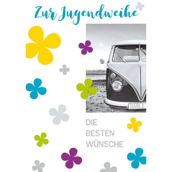 Grußkarte mit Umschlag - Format: 11,5 x 17 cm - "Jugendweihe" - Text:  "Zur Jugendweihe die besten Wünsche" Bus