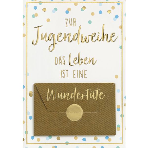 Jugendweihe - Geldkarte mit Umschlag - Format: 11,5 x 17 cm - Text:  "Zur Jugendweihe - Das Leben ist eine Wundertüte!" Konfetti