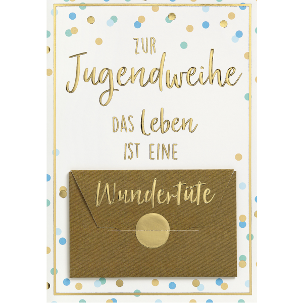 Jugendweihe - Geldkarte mit Umschlag - Format: 11,5 x 17 cm - Text:  "Zur Jugendweihe - Das Leben ist eine Wundertüte!" Konfetti