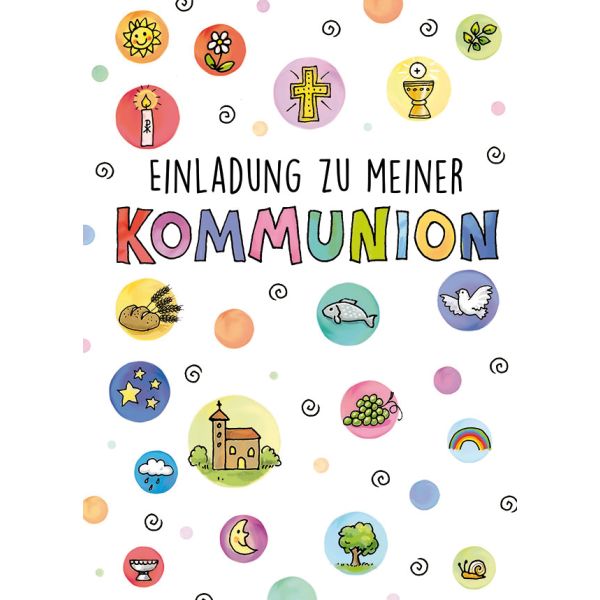 Kommunion Einladung bunte Blasen mit Kirche Fisch Taube Kelch Kerze 5 Karten mit Umschlägen in Umverpackung