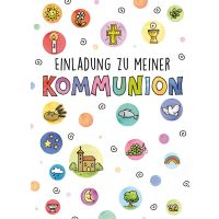 Kommunion Einladung bunte Blasen mit Kirche Fisch Taube...