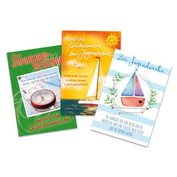 Jugendweihe - 3 Grußkarten im Format 11,5 x 17cm mit Umschlägen - sortiert in Umverpackung