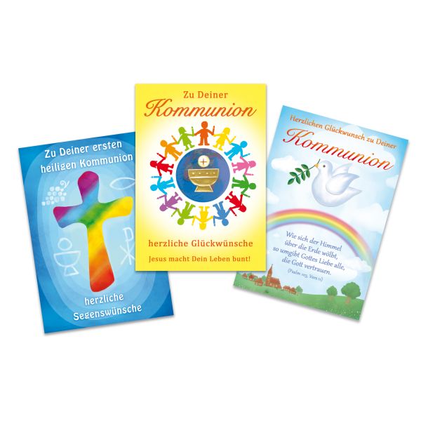 Kommunion buntes Kreuz Regenbogen mit Taube Gemeinde 3 Grußkarten mit Umschlägen sortiert in Umverpackung