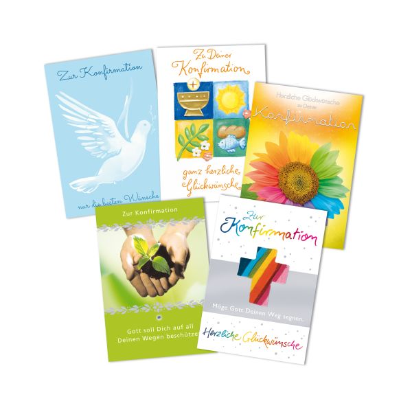 Konfirmation Taube Regenbogen Kreuz Sonnenblume Mehrstückpackung Unverpackt 5 Grußkarten mit Umschlägen sortiert in Umverpackung
