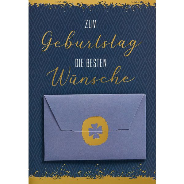 Geldkarte Glückwunschkarte mit Umschlag und Minikuvert  Zum Geburtstag die besten Wünsche blau-gold Kleeblatt
