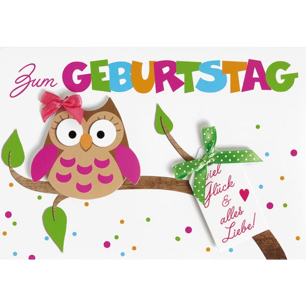 Geburtstag Glückwunschkarte mit Umschlag Eule viel Glück & alles Liebe