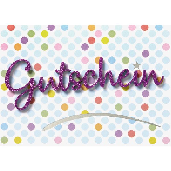 Gutschein Glückwunschkarte mit Umschlag Lettering Surprise bunte Punkte Glitzerschrift