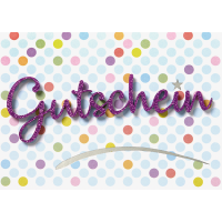 Gutschein Glückwunschkarte mit Umschlag Lettering Surprise bunte Punkte Glitzerschrift
