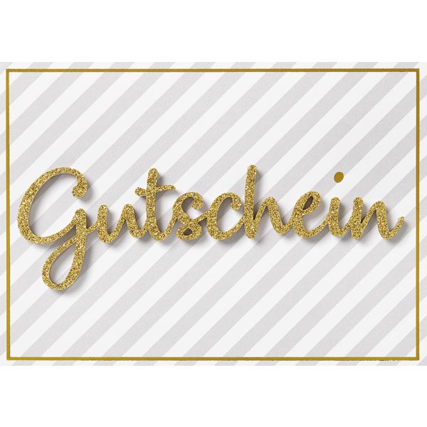 Gutschein Glückwunschkarte mit Umschlag Lettering Surprise goldene Glitzerschrift Streifen