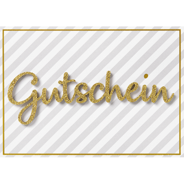 Gutschein Glückwunschkarte mit Umschlag Lettering Surprise goldene Glitzerschrift Streifen