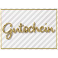 Gutschein Glückwunschkarte mit Umschlag Lettering Surprise goldene Glitzerschrift Streifen