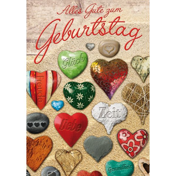 Geburtstag unverpackte Glückwunschkarte mit Umschlag  Alles Gute zum Geburtstag Herzsteine mit Wünschen