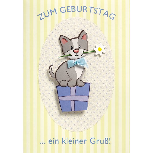 Geburtstag Kinder Glückwunschkarte mit Umschlag  Zum Geburtstag ein kleiner Gruß! Katze mit Blume auf Geschenk