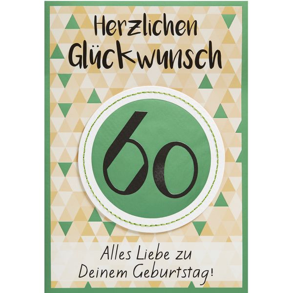 A 60. Geburtstag abstrakt Dreiecke grün-beige Glückwunschkarte mit Umschlag