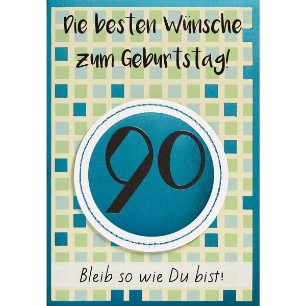 90. Geburtstag abstrakt blau-grüne Quadrate Glückwunschkarte mit Umschlag